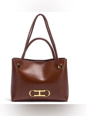 Carolina Herrera Brown Leather Shoulder Tote with Gold Hardware